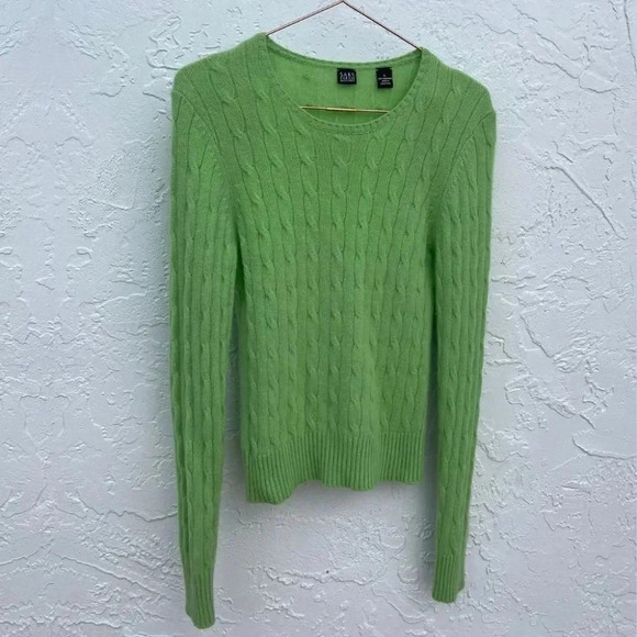 Saks Fifth Avenue Womens Cable Design Sweater Lime Green Sz Large 💯 CASHMERE - Picture 1 of 10